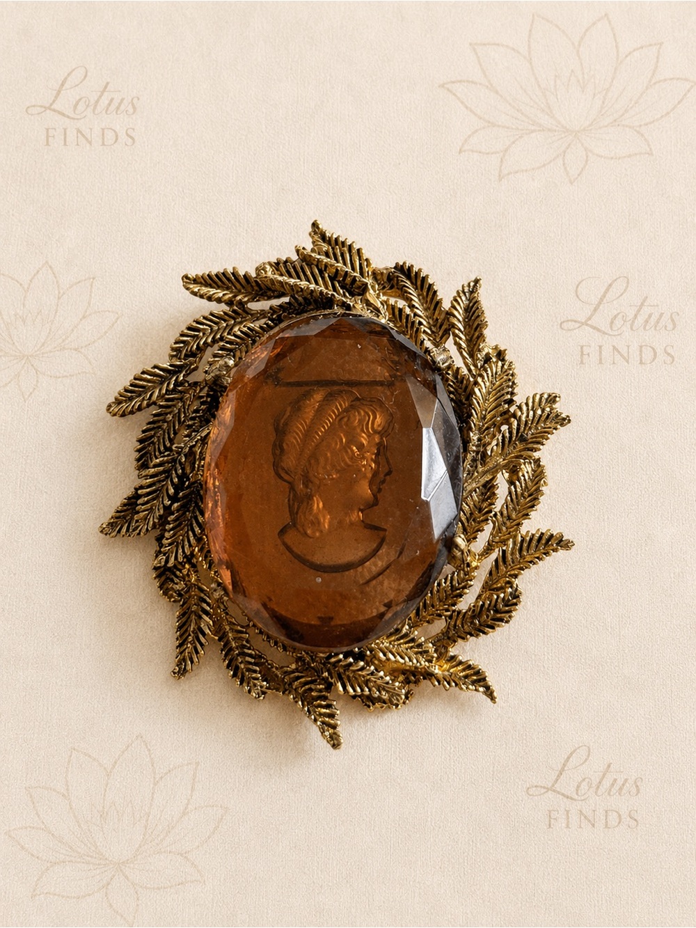 Vintage Circa 1960 Amber Glass Intaglio Cameo Brooch Pendant
